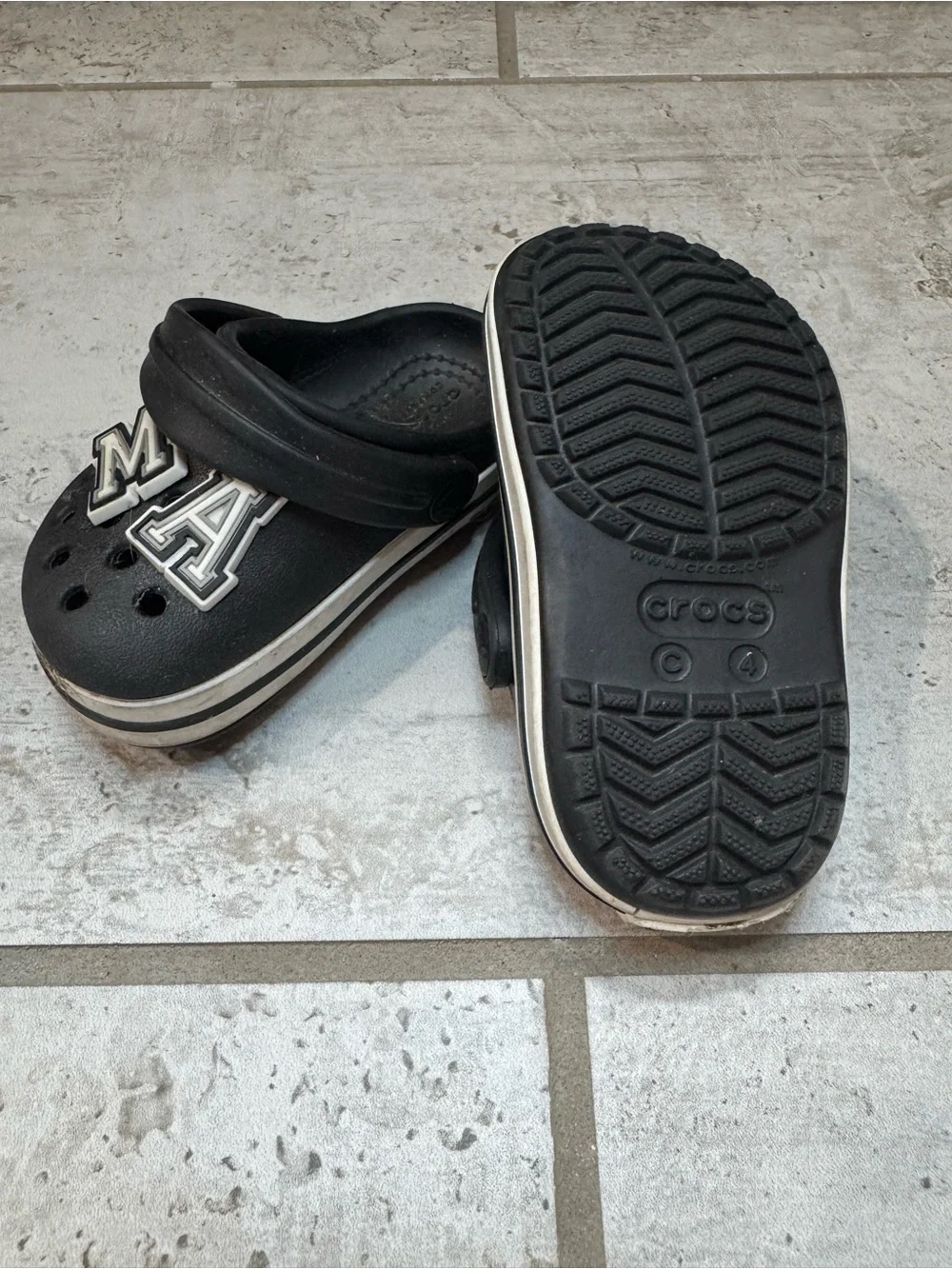 CROCS Black Kids Clogs with Letter and Yellow Charm